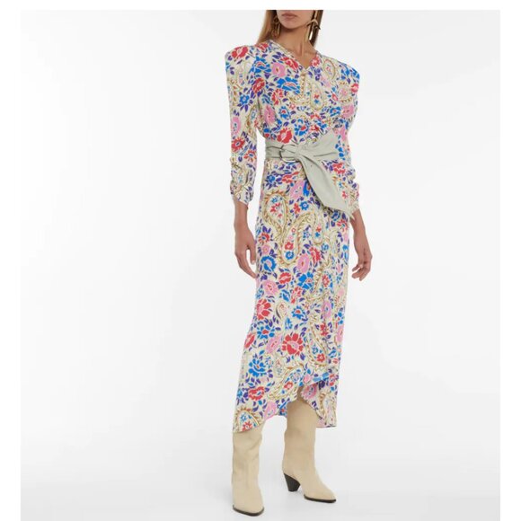 Isabel Marant Albini Ruched Floral Silk Crepe De Chine Midi Dress NEW - 34/XS/2 - Picture 2 of 4